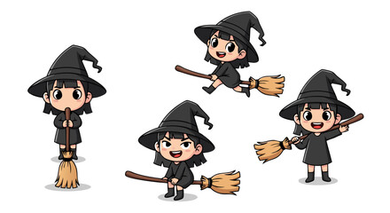 Cute Cartoon Witches Vector SVG Illustration with Flying Broomstick and Magical Hat in Flat Design Style