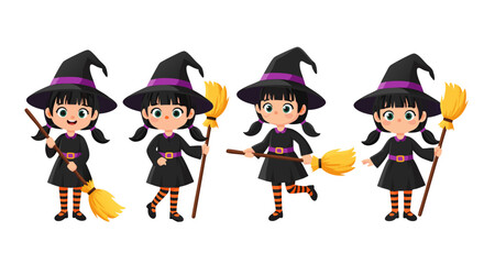 Colorful Vector SVG Illustration of Cute Witch Characters in Flat Design Style for Halloween Themes