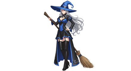 Fantasy Witch Vector SVG Illustration with Magical Costume and Staff in Modern Flat Style with Blue and Black Colors