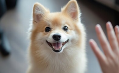 Obraz premium Pomeranian Puppy Reaching Hand Close Up Shot, Dog Human Interaction