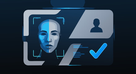 Vector Futuristic Facial Recognition SVG Icon Set with Human Face and Digital Security Elements in Modern Flat Style
