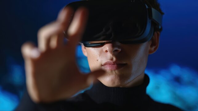 Person exploring a virtual showroom using VR goggles, immersive product viewing. Experiential, remote. Dark.