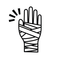 Illustration of a bandaged hand with radiating lines indicating pain or injury
