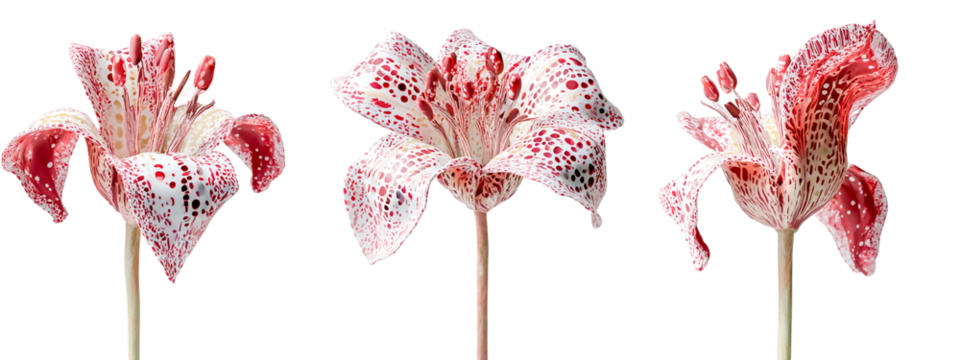 Three tricyrtis flowers isolated on transparent background, displaying the unique speckled patterns of toad lilies
