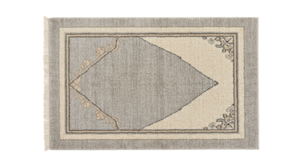 A rectangular rug with a gray diamond shape in the center and floral designs in the corners on transparent background