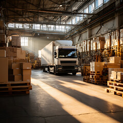 Naklejka premium A large warehouse numerous items with logistic car, a delivery logistic car with warehouse, Product distribution center and warehouse with logistic car