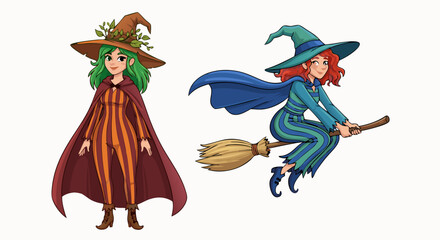 Vector SVG Illustration of Two Witches with Magical Costumes in Flat Modern Style Bright Colors