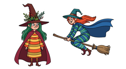 Vector SVG Illustration of Two Witches in Flat Style with Colorful Clothing and Accessories for Digital Art and Halloween Design