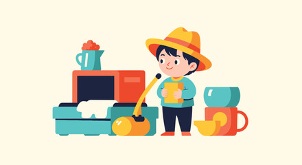 Obraz premium Child Preparing Luggage and Drinks for Travel Illustration
