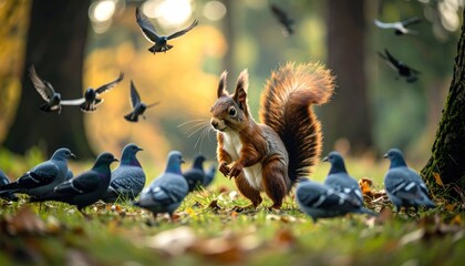 Obraz premium Squirrel amidst birds in autumnal park (1)