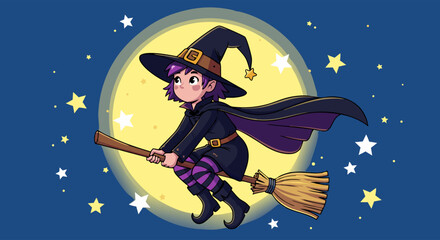 Cute Fantasy Character Vector SVG Illustration with Witch Hat and Broomstick in Flat Modern Style