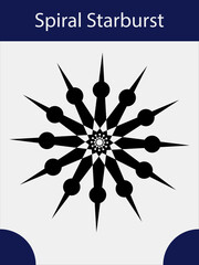 Geometric Spiral Starburst with Radiating Spikes and Circles. A striking black spiral star design with radiating spikes and circular accents in symmetry.