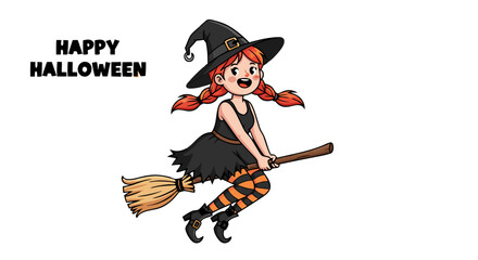 Vector Whimsical Halloween Witch SVG Illustration with Cartoon Girl on Broomstick in Flat Style with Bright Colors