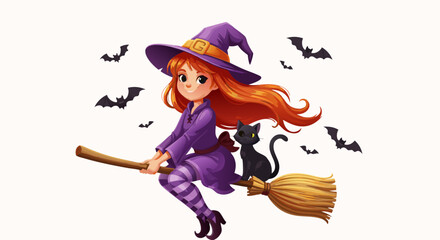 Illustration Vector SVG of Witch on Broomstick with Black Cat in Flat Color Style for Halloween Decorations