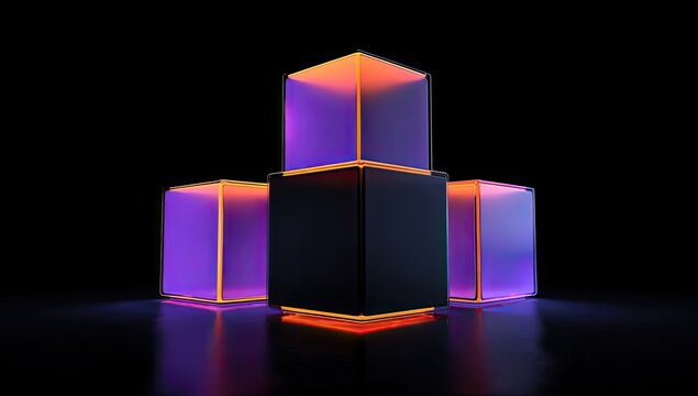 Three glowing cubes arranged in a composition, with vibrant, neon colors