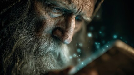 A wise, elderly figure, focused on a digital tablet, holographic AI assistant guides, photorealistic clarity, rich textures and soft tones, capturing timeless pursuit of knowledge