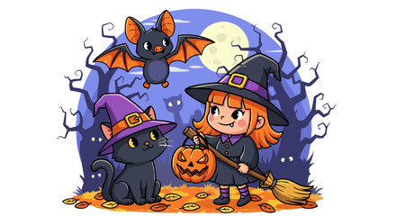 Vector SVG Illustration of Cute Halloween Witch Scene with Black Cats and Bat in Flat Modern Style with Bright Colors