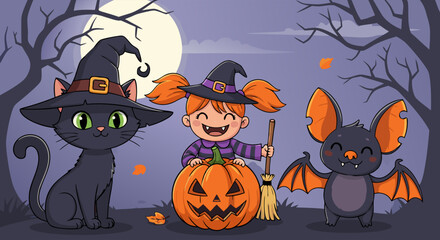 Cute Halloween Vector SVG Illustration with Child Witch, Black Cat and Bat in Flat Modern Style with Orange and Purple Colors