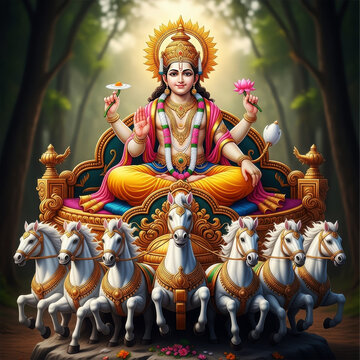 Surya God riding chariot with horses Hindu Hinduism