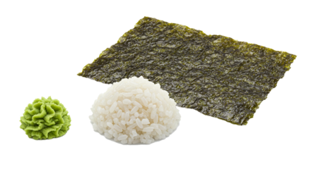 A still life of sushi ingredients with seaweed rice and wasabi on a black background studio shot on transparent background
