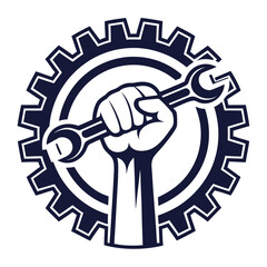 Fist clutching a wrench against a gear and circular frame in dark blue tool holding