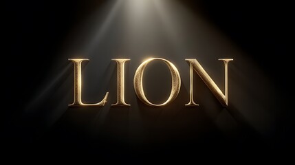 Golden Embossed Lion Text with Intricate Patterns on Black Background Lit by Top Lighting