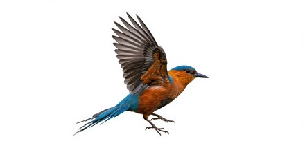 Colorful bird in flight against white background