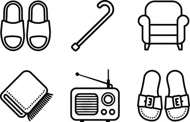 Fototapeta premium Outline Icons of Home Slippers Armchair Blanket Radio and Walking Stick on White