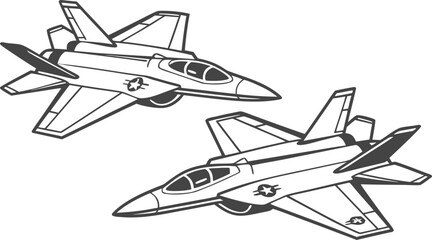 Illustration of two modern military fighter jets in flight representing aviation and air transportation