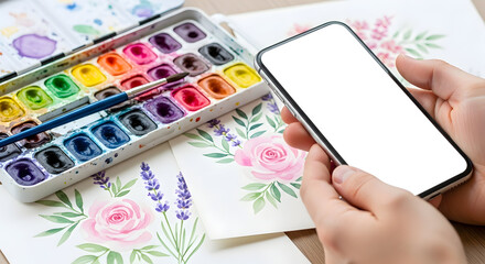 Learn Watercolor Painting Online Tutorials Mobile App Mockup Hands Holding Smartphone Floral Design Art Class