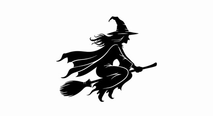 Silhouette Witch Flying on Broomstick Vector SVG Illustration in Minimalist Black Style for Halloween and Fantasy Design