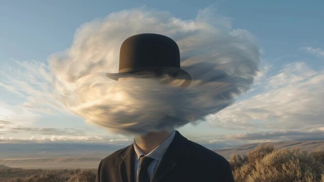 Surreal businessman portrait with cloud head in dreamy landscape video sequence
