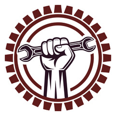 Fist holding a wrench within a circular frame with brown gear teeth tool strength