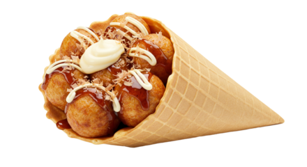 Close up of takoyaki balls in a waffle cone with sauce and toppings against a black background on transparent background