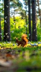 Obraz premium Squirrel in forest with birds