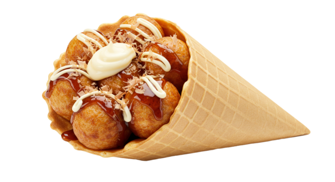 Close up of takoyaki balls in a waffle cone with sauce and toppings against a black background on transparent background