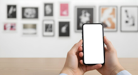 Blank smartphone screen mockup in art gallery setting perfect for app advertisement or website design showcasing modern technology and artistic lifestyle