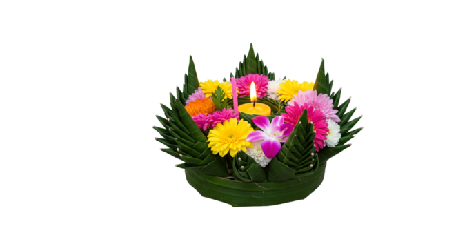 A krathong decorated with flowers and a candle for the loy krathong festival in thailand tradition on transparent background