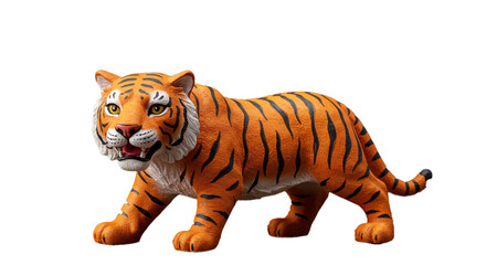 An orange tiger figurine with black stripes standing against a black background in a studio shot on transparent background
