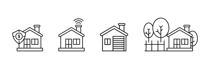 House insurance smart home garage exterior landscape icon set vector illustration with property protection digital garden environment.