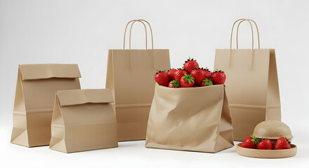 Brown Paper Bags with Fresh Strawberries and Burger Ready for Delivery Grocery Shopping Eco Friendly Packaging Sustainable Lifestyle