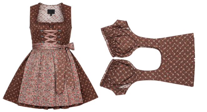 A brown floral dirndl dress with a bodice and apron and two matching blouse pieces on a black background on transparent background