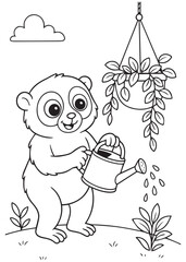Coloring book slow loris watering a hanging plant in the garden.