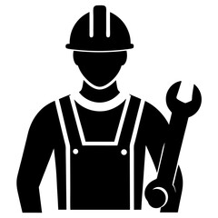 Silhouette of a construction worker holding a wrench wearing a hard hat and overalls isolated on transparent background