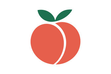 Illustration of a single peach with two green leaves at the top on a white background field