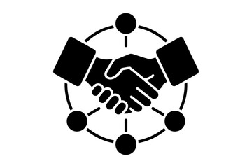 Illustration of a handshake in the center of a circle with nodes connected to it in black