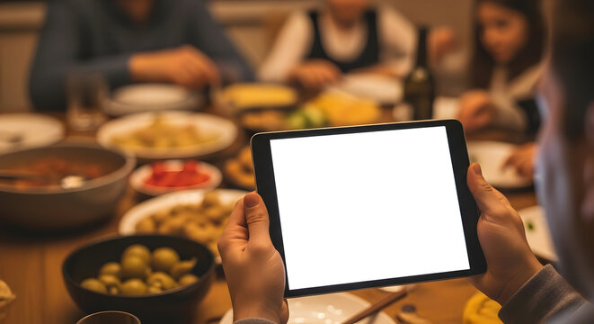 Family Dinner Gathering Tablet Mockup Blank Screen Technology Showcase Website App Advertisement