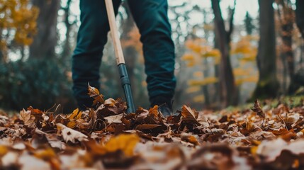 Autumnal Cleaning in the Woods: A Person Rakes Fallen Leaves