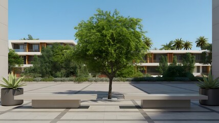 Fototapeta premium Modern courtyard with lush green tree and architectural buildings