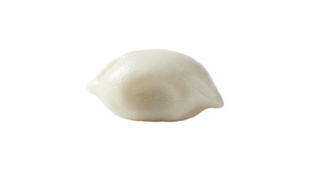 A single white dumpling sitting on a black surface in a studio shot with soft lighting on transparent background